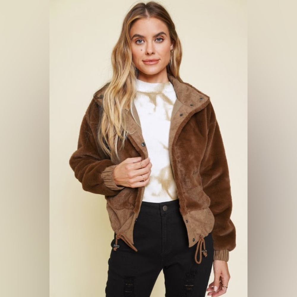 Mystree Cropped Sherpa Jacket Brown Faux Fur Drawstring Hem Boutique Coat Size L